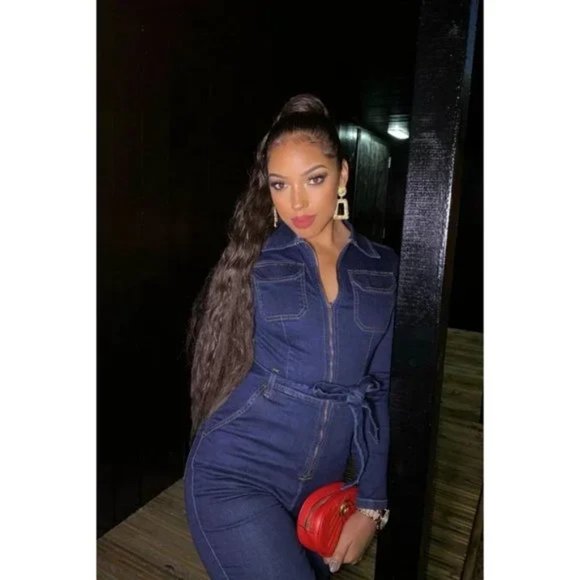Blue Denim Jeans Long Sleeve Belted Bodycon Jumpsuit Playsuit - Picture 12 of 13